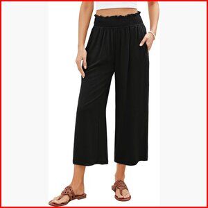 High Waisted Wide Leg Linen Palazzo Pants, Elastic Smock Waist, Flowy Capri
